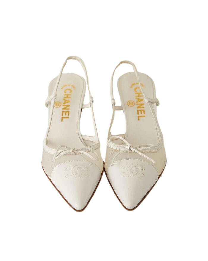 Chanel White Logo Slingback Heels2